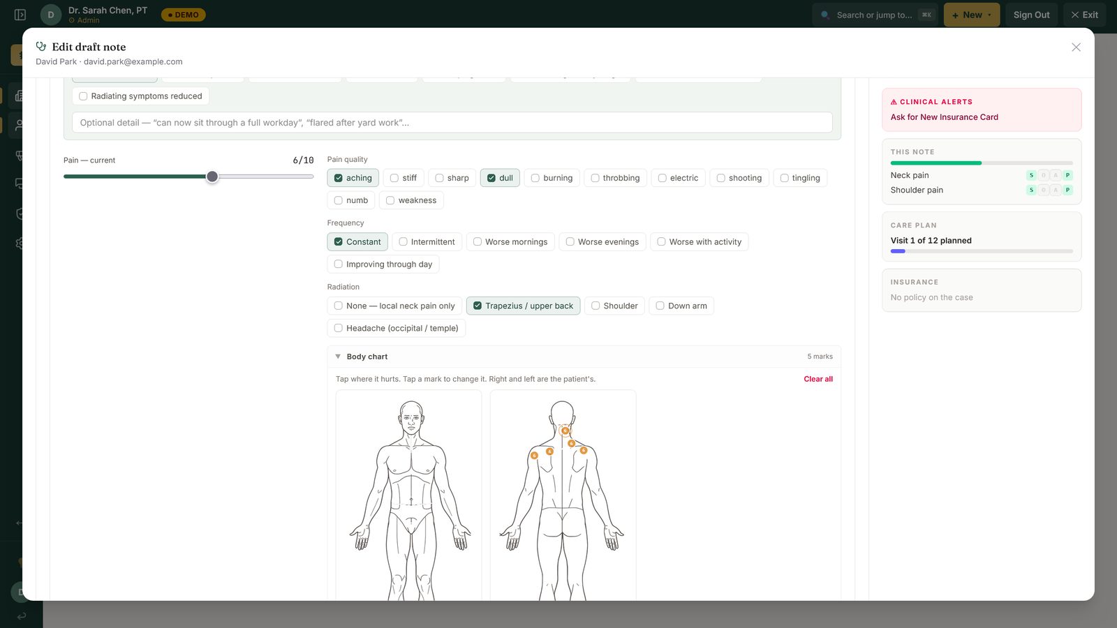 The body chart inside a RowanFlow visit note: front and back figures with pain marks on the neck and upper back